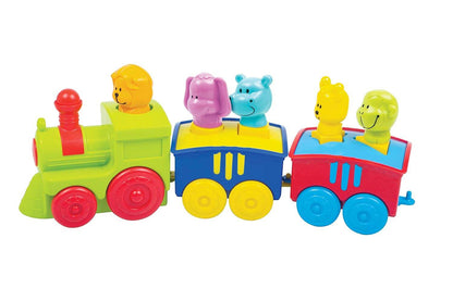 Funskool colorful animal pull along toy train with bright animal figures on red, blue, and yellow carriages