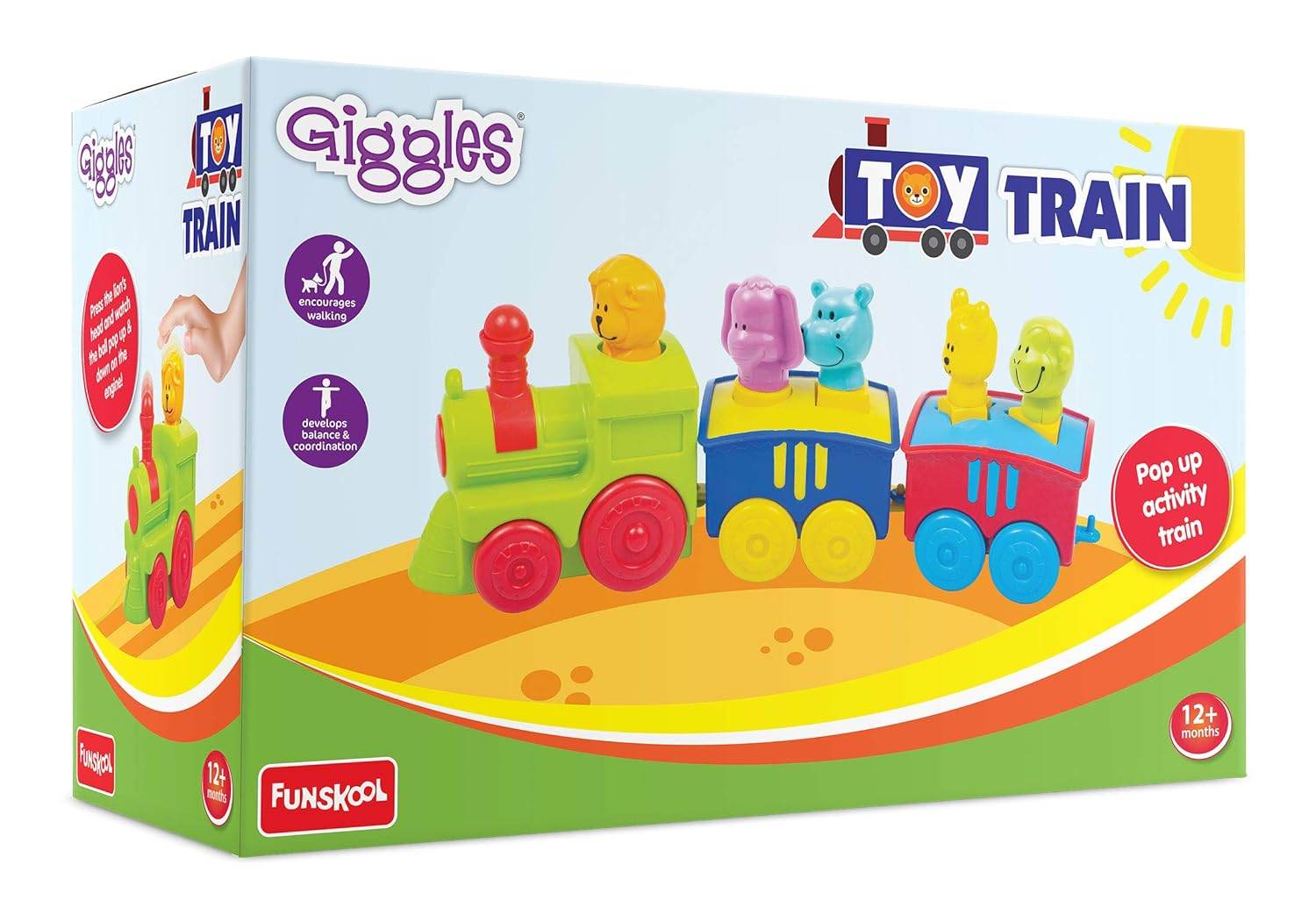 Funskool Giggles colorful animal pull along toy train with pop up animal figures for toddlers