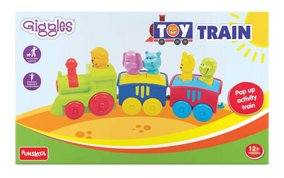 Funskool animal pull along toy train with colorful animal figures and pop up activity features