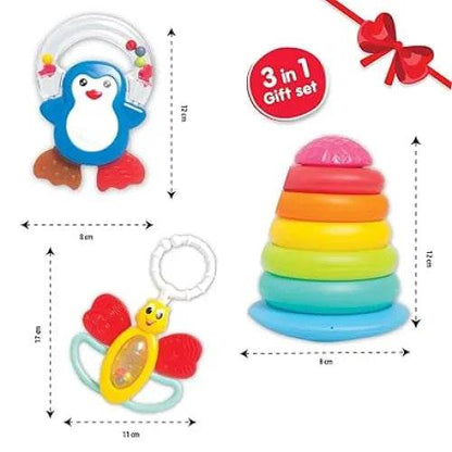 Colorful 3-in-1 gift set of baby toys including a penguin rattle, stacking rings, and a butterfly teether