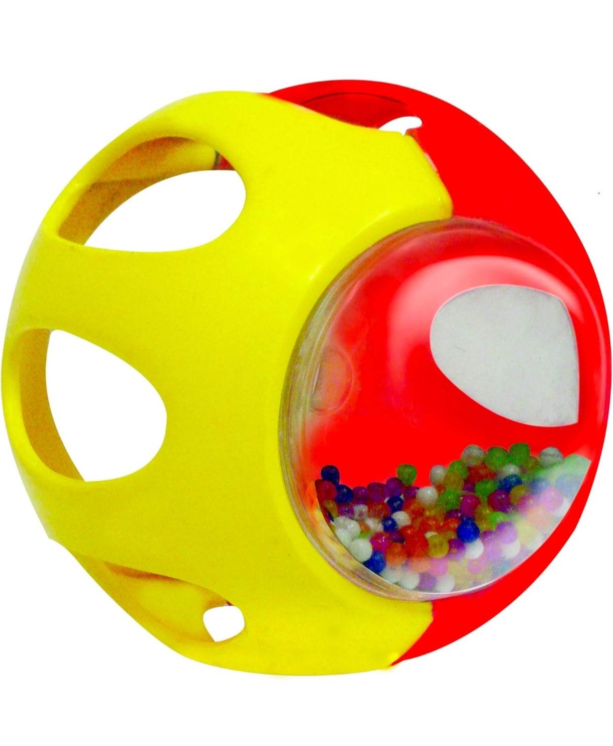 Colorful baby action ball with vibrant yellow and red design, suitable for baby toys 6 months and up