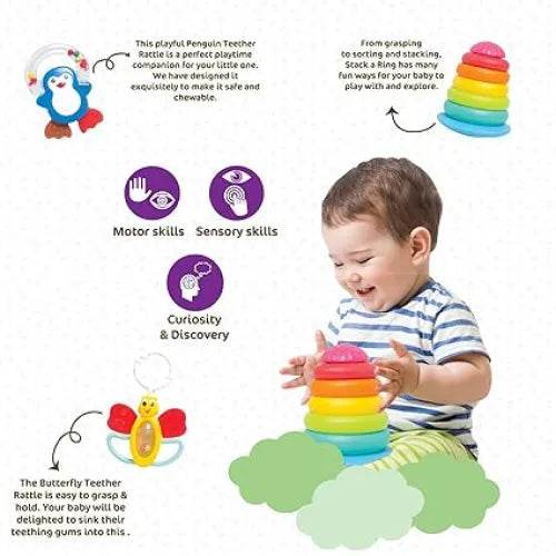 Colorful stacking ring toy for babies featuring a playful penguin design to enhance motor skills and curiosity