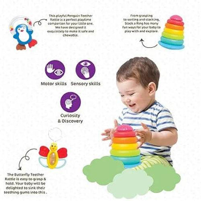 Colorful stacking ring toy for babies featuring a playful penguin design to enhance motor skills and curiosity