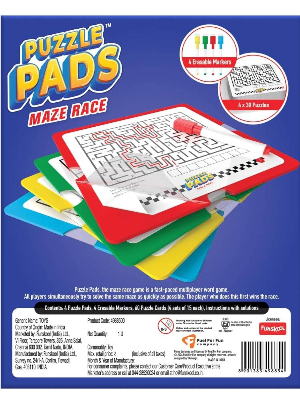Colorful Puzzle Pads Maze Race board game for kids 5 years and up with 4 erase markers
