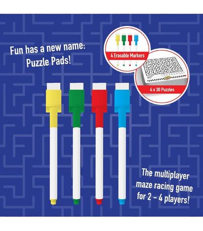 Fun multiplayer board game with eraser markers for 2 to 4 players, featuring maze racing puzzles