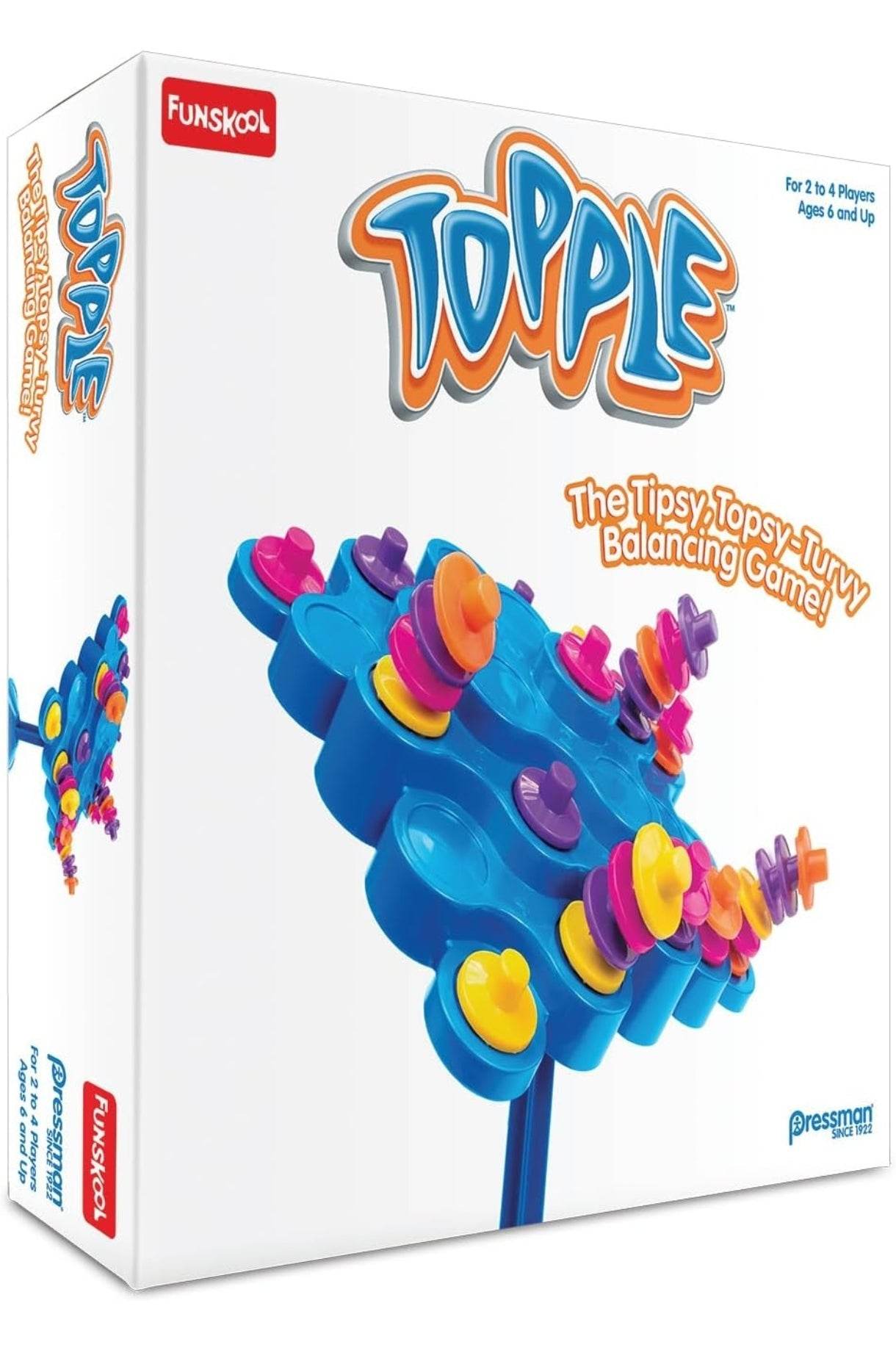 Funskool Topple board game in colorful packaging for ages 6 and up, featuring balancing game pieces