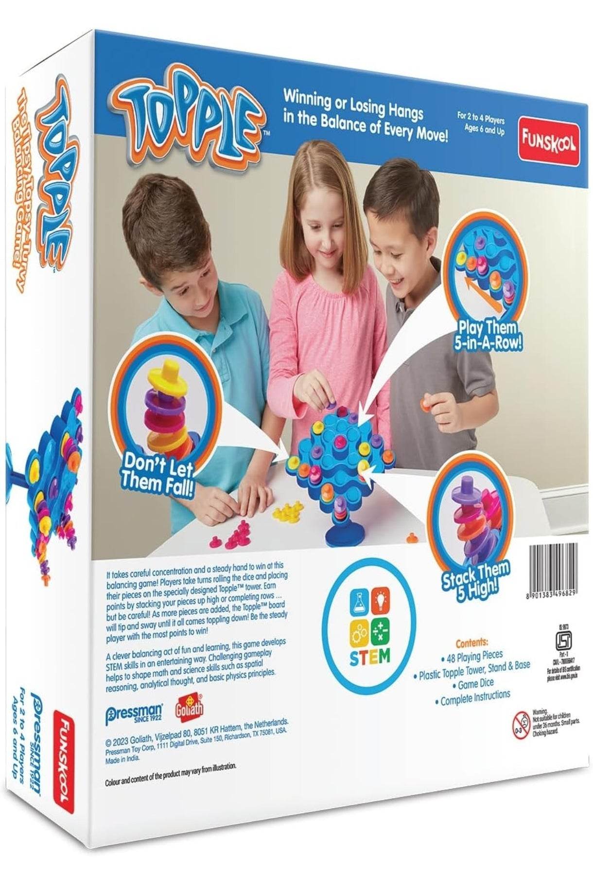 Colorful Topple board game for kids age 5 and up featuring stacking and balancing fun