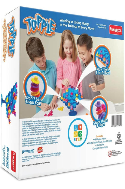Colorful Topple board game for kids age 5 and up featuring stacking and balancing fun
