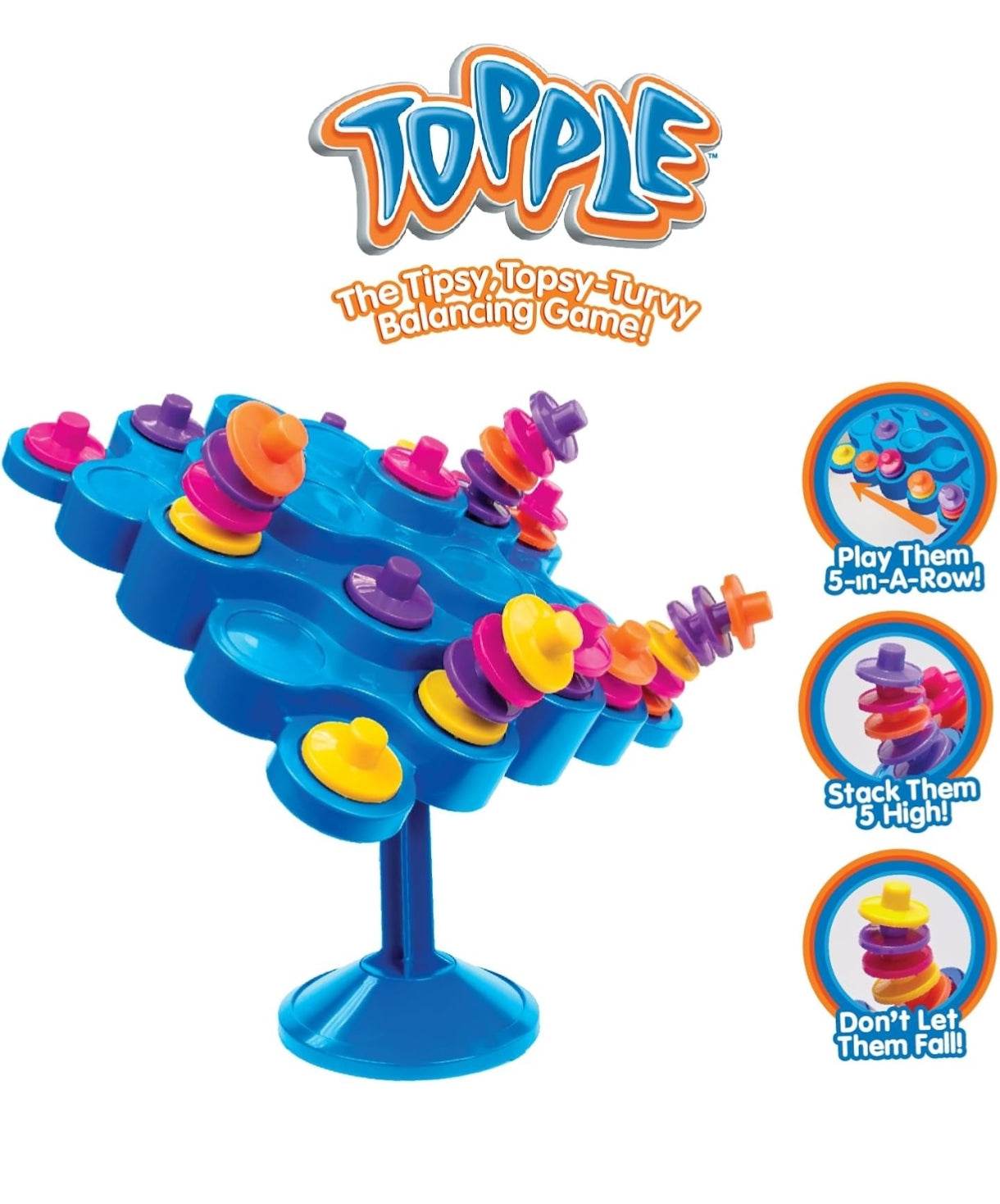 Colorful Topple board game for ages 3 and up with balancing pieces and a tower design