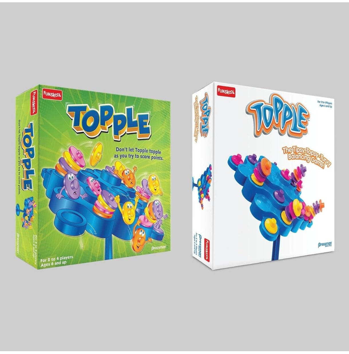 Topple board game in colorful design for 2 to 4 players ages 6 and up