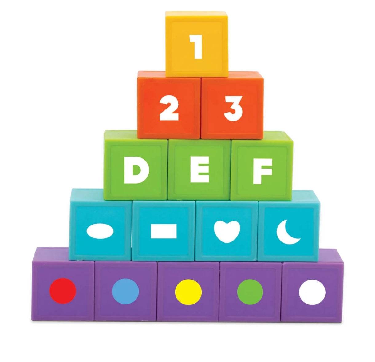 Colorful building blocks learning center for toddlers featuring letters, numbers, and shapes