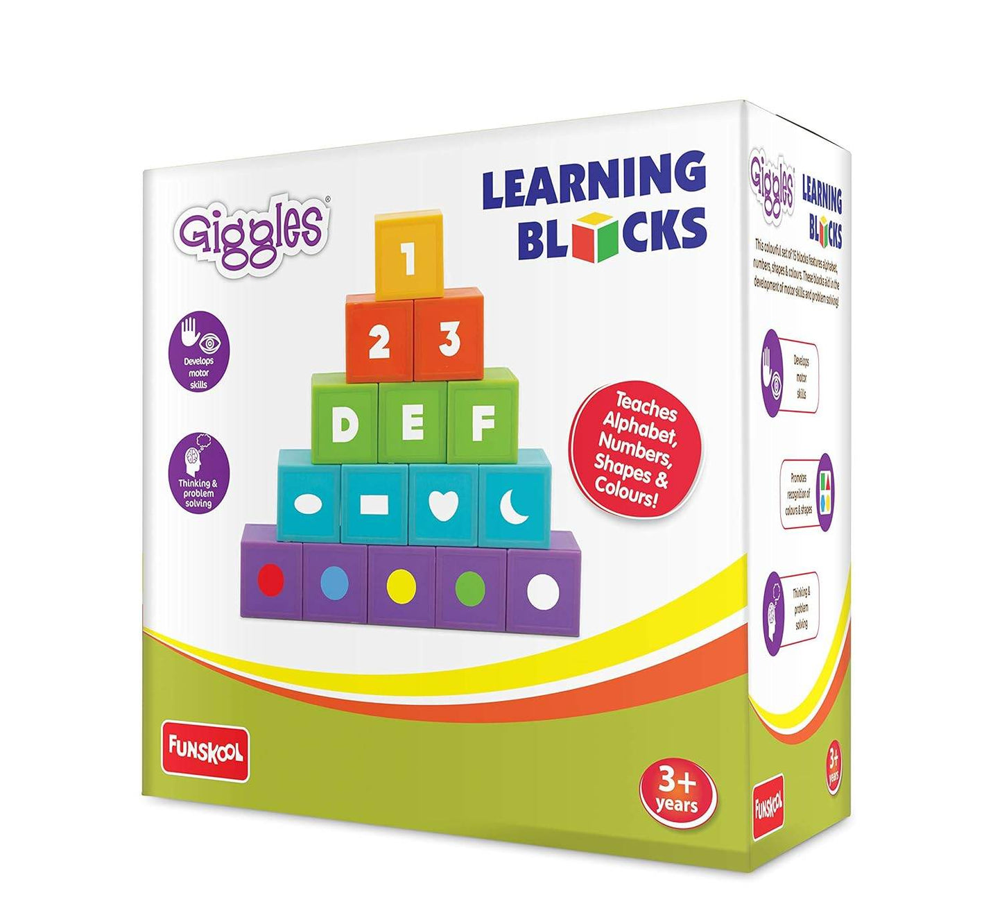 Colorful Giggles Learning Blocks set for ages 3+ featuring numbers and shapes in a stacking design
