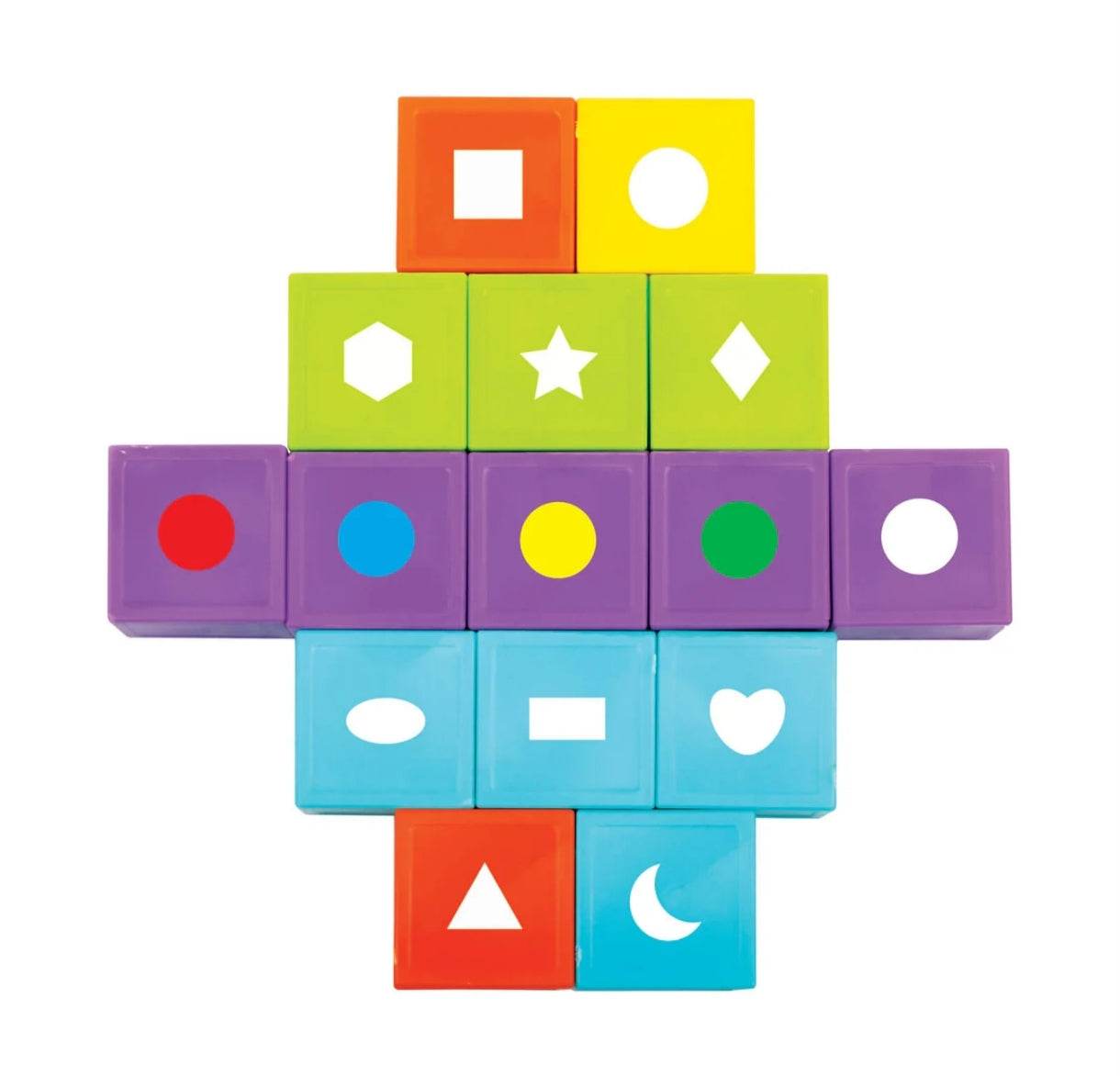 Colorful building blocks learning center for toddlers featuring various shapes and colors