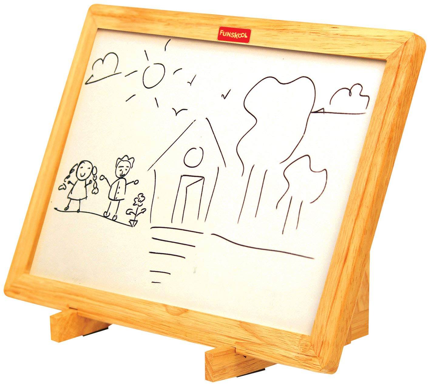 Wooden 2 in 1 Magnetic Writing Slate for kids with a drawing of a house and trees, perfect for learning activities