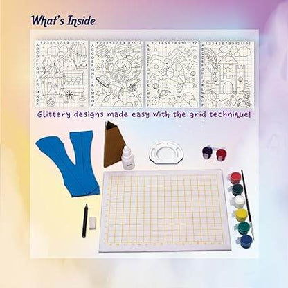 Art kit with canvas painting frame kit, colorful paints, and tools for kids to create glittery designs