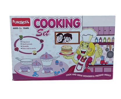 Funskool cooking toy set for children with colorful pots, pans, and play food for ages 3 and up