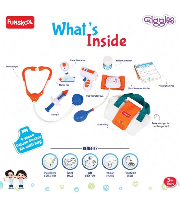 Funskool doctor play set for kids with stethoscope syringe blood pressure monitor and doctor bag