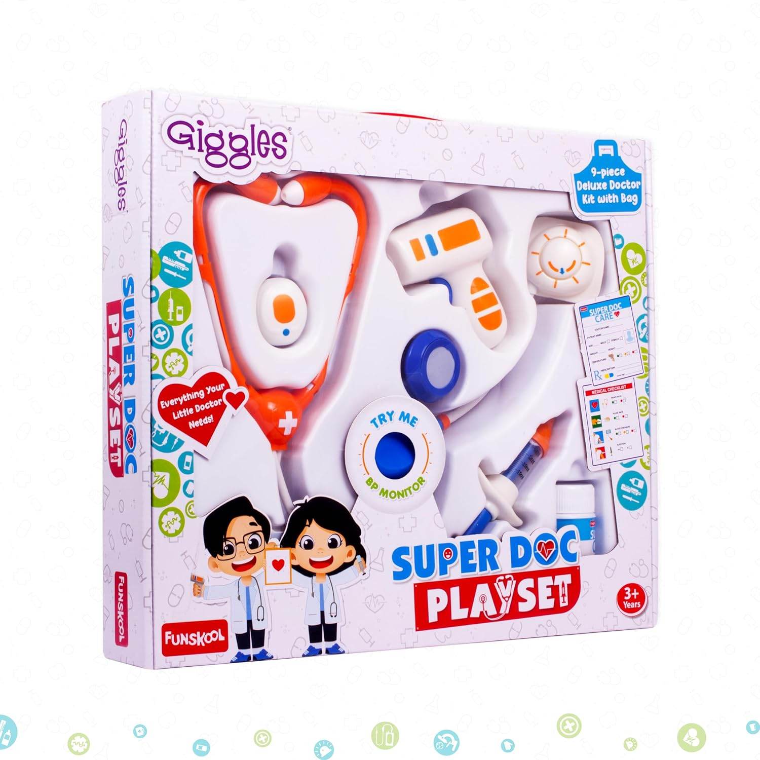 Giggles Super Doc doctor play set for kids with stethoscope and medical tools in colorful packaging