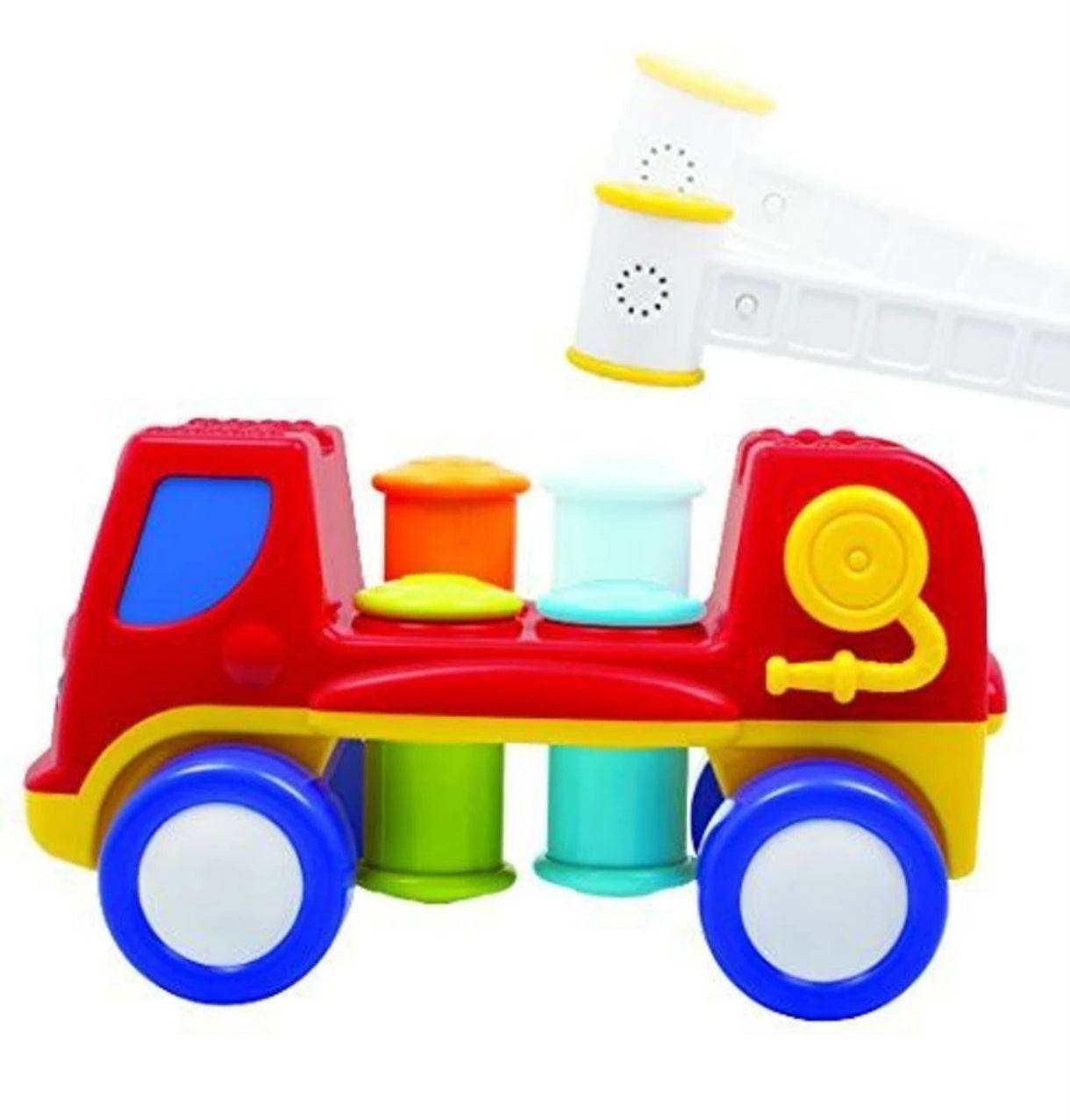 Colorful fire engine truck toy with stacking cylinders for toddlers aged 1-3 years