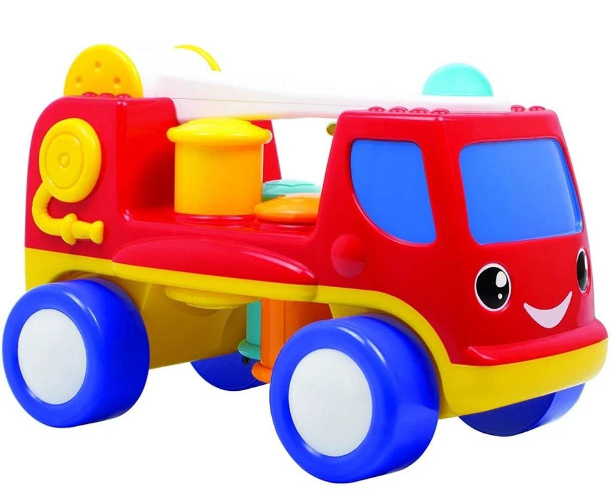 Colorful red fire engine truck toy for toddlers aged 2-4 years with buttons and moving parts
