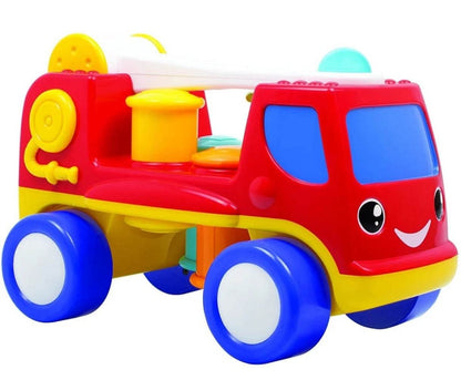 Colorful red fire engine truck toy for toddlers aged 2-4 years with buttons and moving parts