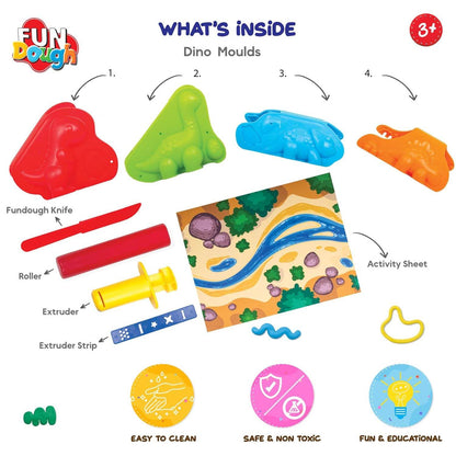 Fundough Dino Ville modeling clay set with colorful dinosaur molds, tools, and activity sheet for kids