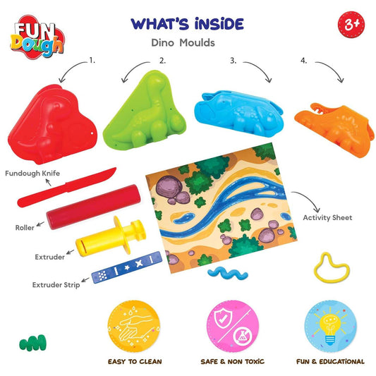 Fundough Dino Ville modeling clay set with colorful dinosaur molds, tools, and activity sheet for kids