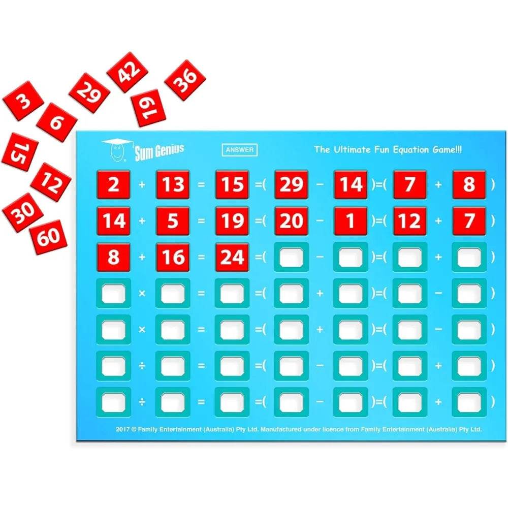 Colorful game board strategy for kids featuring math equations and answer tiles