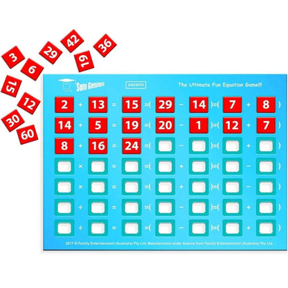 Colorful game board strategy for kids featuring math equations and answer tiles