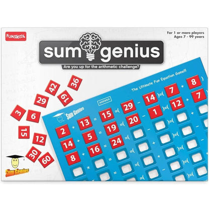 Fun blue game board strategy for ages 7-99 with challenging arithmetic equations
