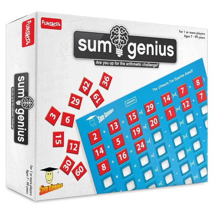 Funskool Sum Genius game board strategy in blue for ages 7 and up, featuring arithmetic challenges