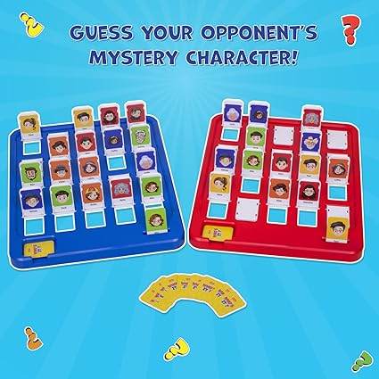 Board game with colorful character cards for kids aged 6 and up, featuring guess your opponent's mystery character