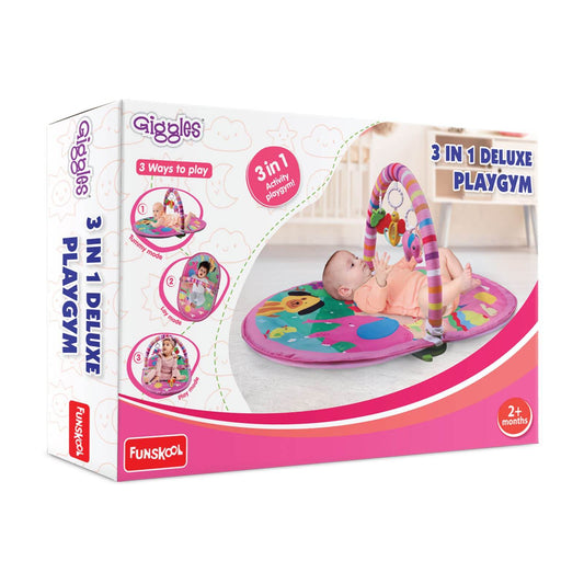 Funskool Giggles - Deluxe Play Gym, Pink Colour Activity Playgym, 3 in 1 Modes of Play, with Arch and 3 Toys, Easy to Clean and wash, for 2 Month + Upto 6 Months. - T-Rex the toyland Sitamarhi