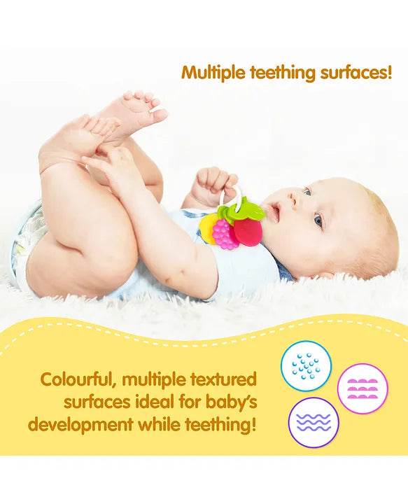 Colorful fruit teether for infants featuring multiple textures for soothing gums during teething