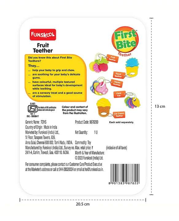 Colorful Funskool fruit teether for infants, perfect as an infant teething toy for soothing gums