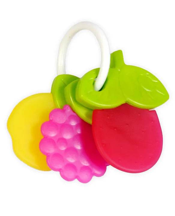 Colorful fruit teether in pink, yellow, and green for infants as an infant teething toy