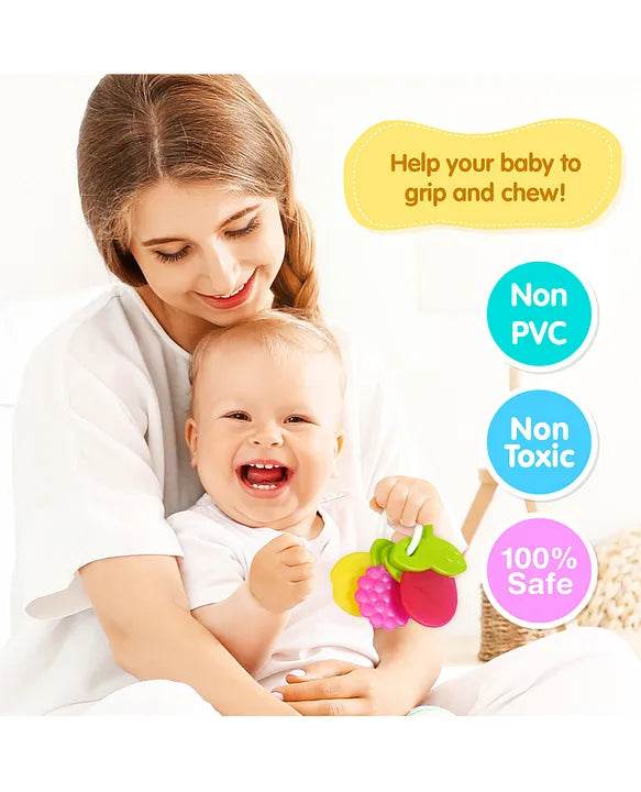 Colorful fruit teether for infants featuring non-toxic materials, ideal for soothing gums.