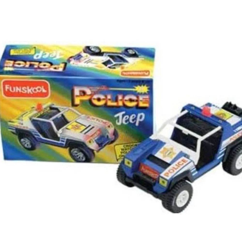 Blue jeep police car toy for kids with functioning lights and siren, suitable for ages 3 and up