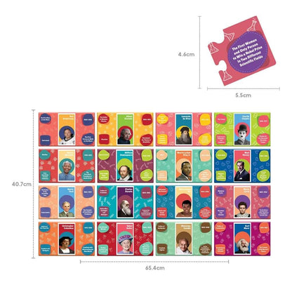 Colorful jigsaw and puzzle featuring influential historical figures for ages 7 and up