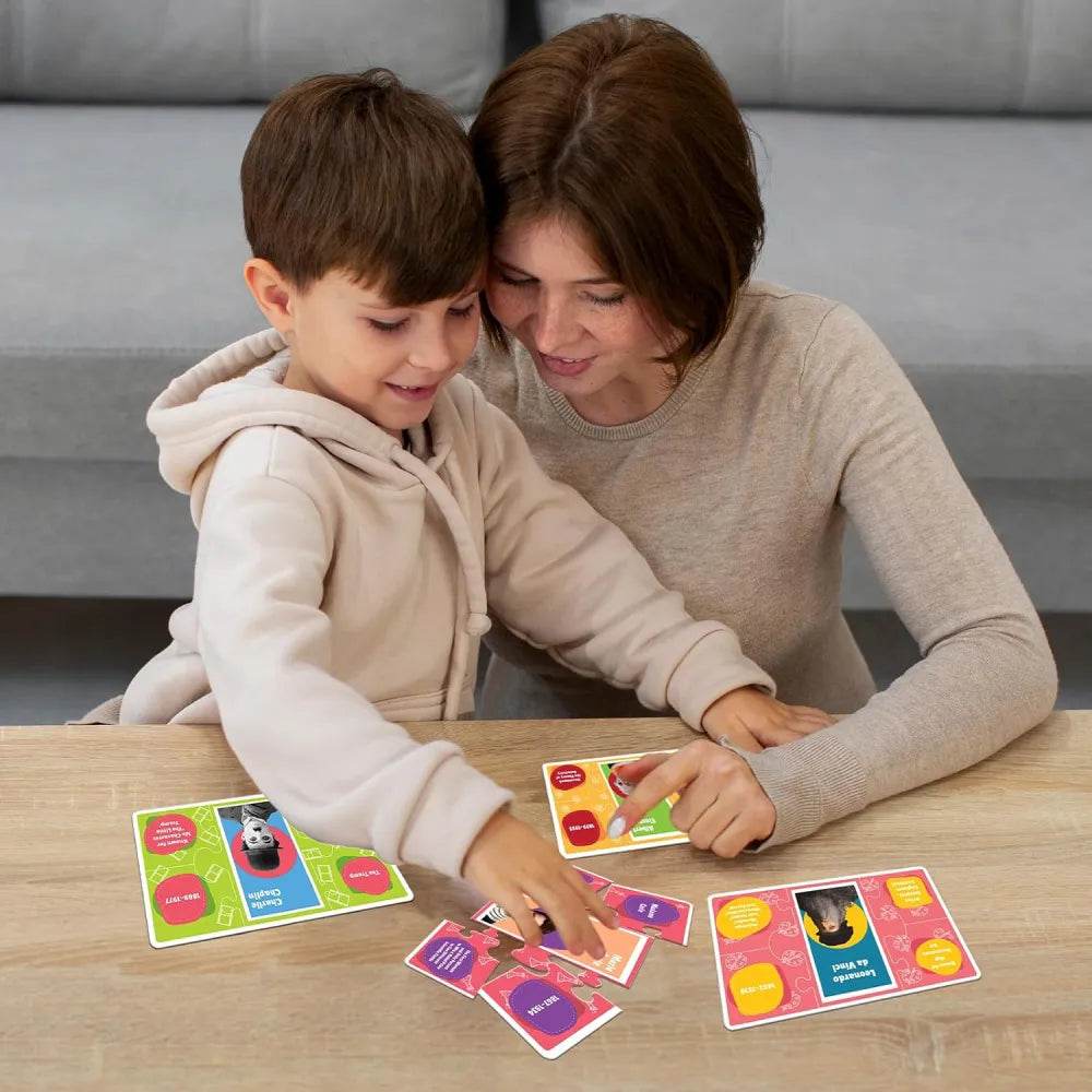 Mother and son enjoying a colorful jigsaw and puzzle game together on a wooden table