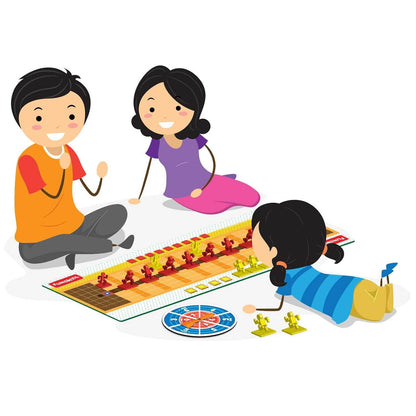 Children playing Kho Kho board game with colorful pieces and game spinner on white background