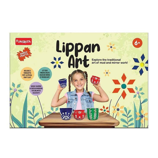 Lippan art kit for kids featuring traditional mud and mirror art with colorful decorated pots and a smiling child