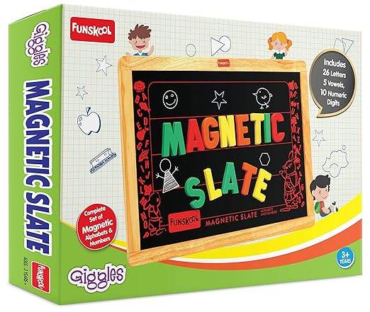 Wooden magnetic slate with colorful letters and numbers for creative play, suitable for ages 3 and up