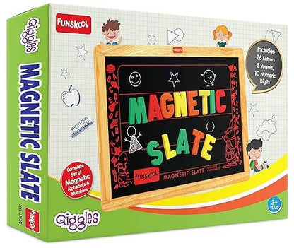 Wooden magnetic slate with colorful letters and numbers for creative play, suitable for ages 3 and up