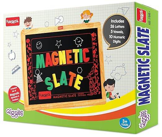 Funskool magnetic slate with colorful letters and numbers for kids aged 3 years and up