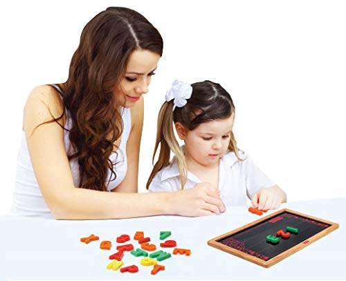 Magnetic slate for kids featuring colorful letters and shapes with a parent assisting a child