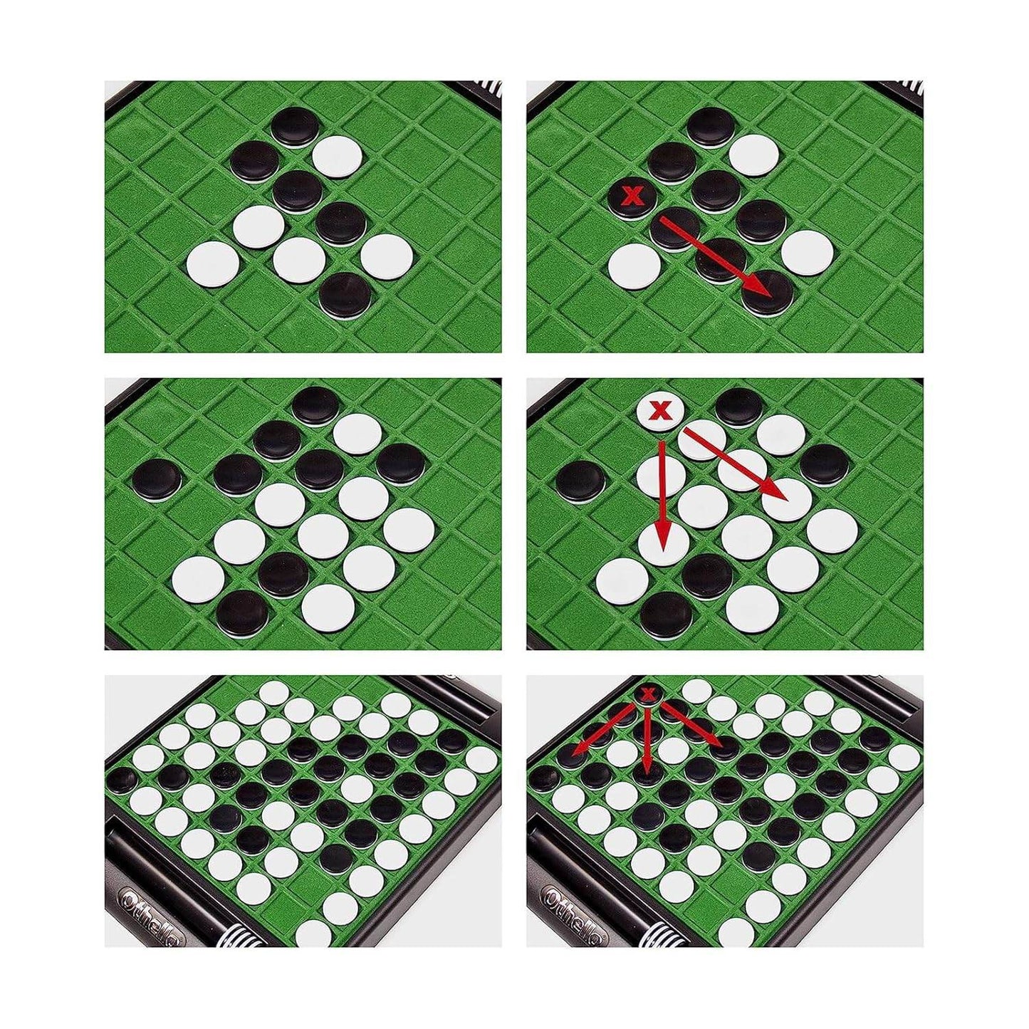 Funskool Othello board game showing black and white discs on green grid with strategic move examples