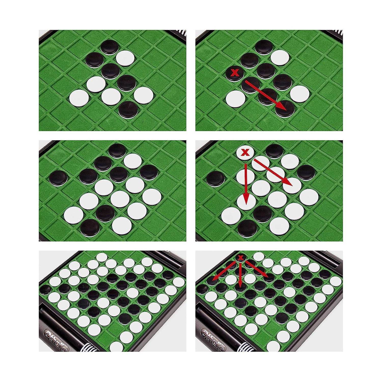 Funskool Othello board game showing black and white discs on green grid with strategic move examples