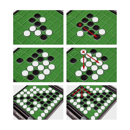 Funskool Othello board game showing black and white discs on green grid with strategic move examples
