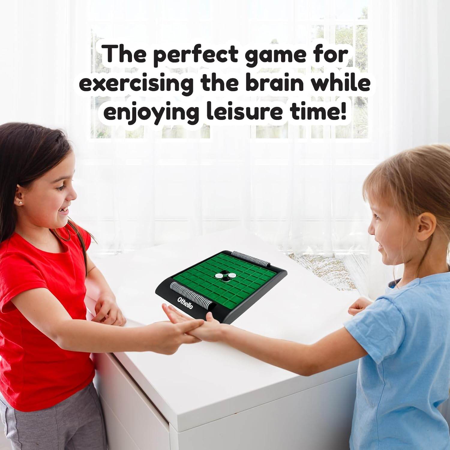 Two young girls playing Funskool Othello board game at a white table indoors